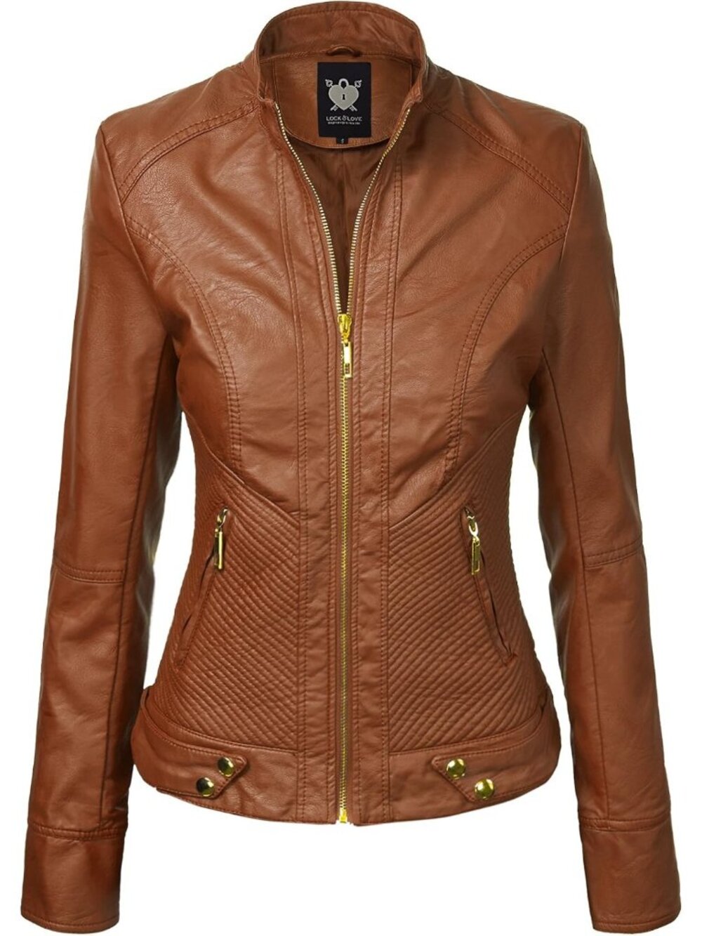 Women Camel Solid Faux Leather Slim Fit Panelled Vegan Classic Motorcycle Jacket